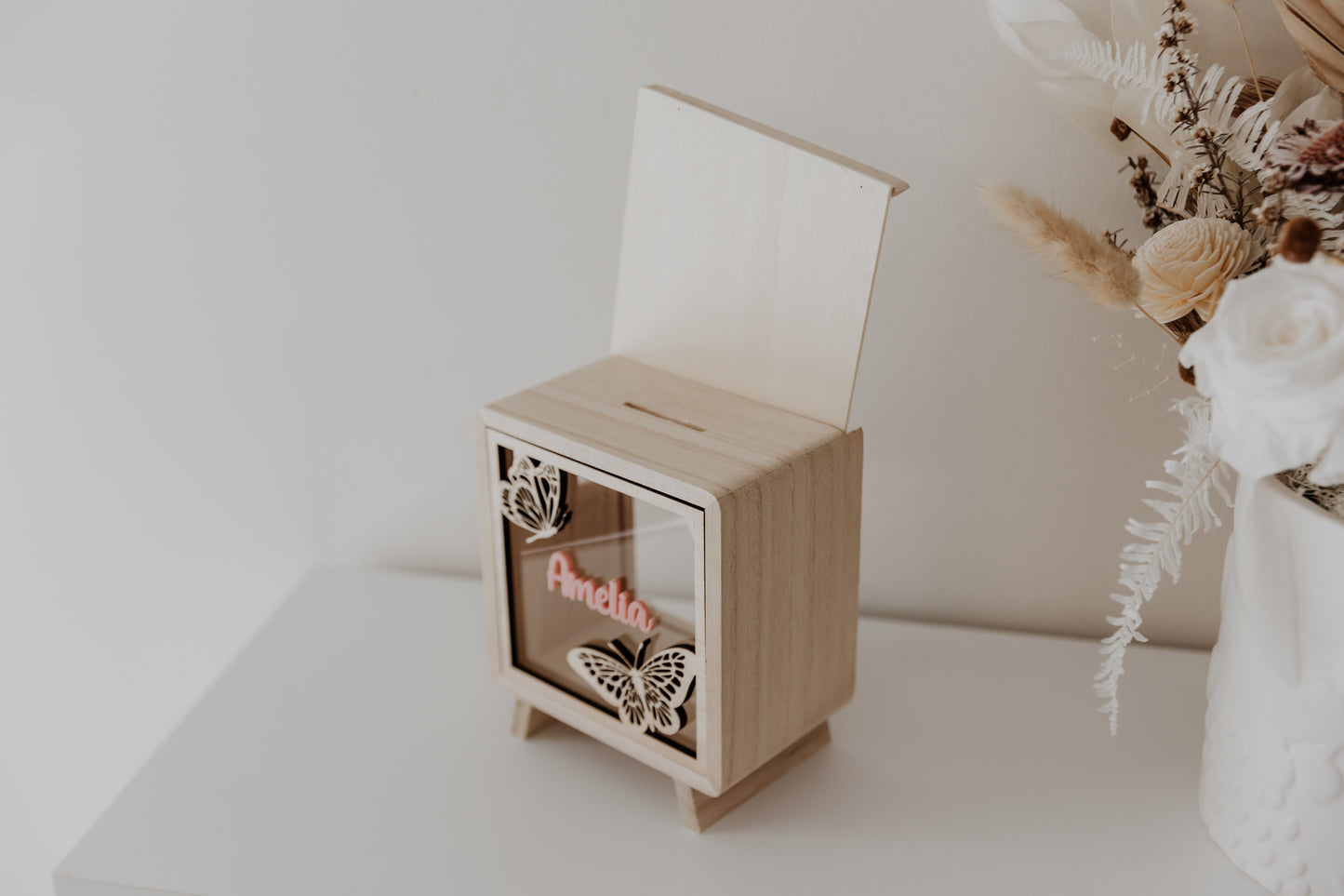 Kids money box piggy bank butterfly, savings box, personalised custom wooden money box with name, piggy bank for girls