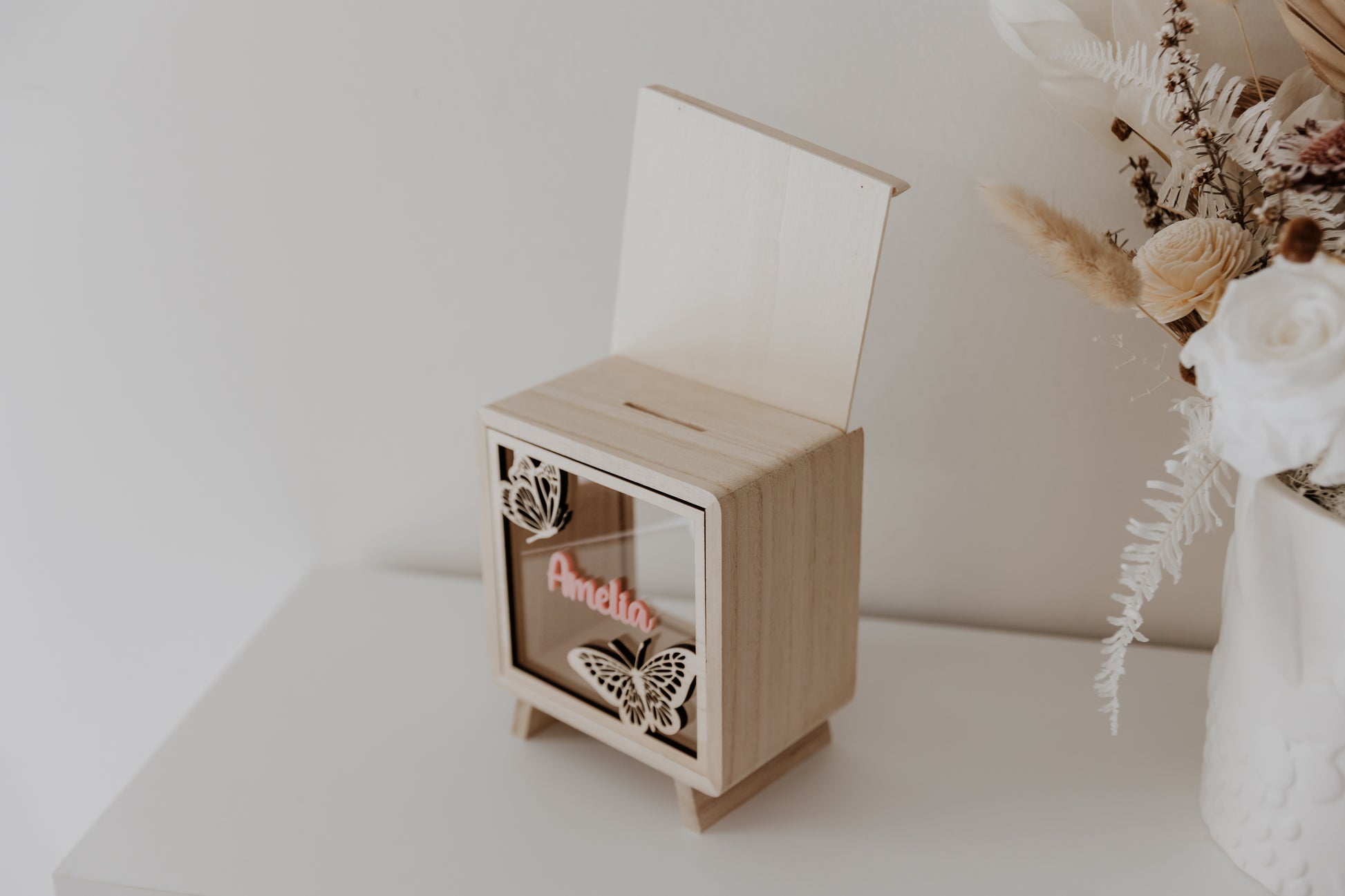 Kids money box piggy bank butterfly, savings box, personalised custom wooden money box with name, piggy bank for girls