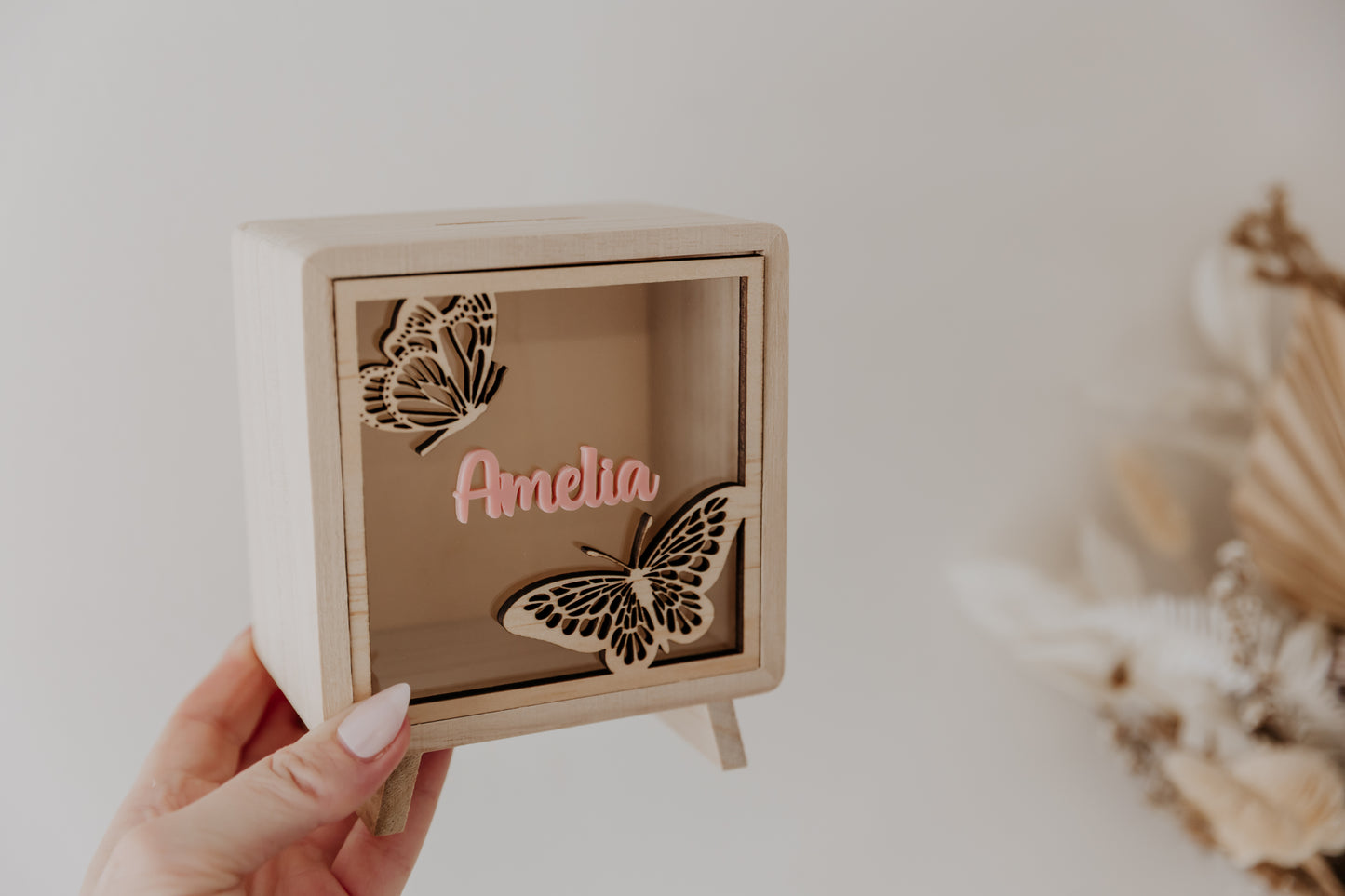 Kids money box piggy bank butterfly, savings box, personalised custom wooden money box with name, piggy bank for girls