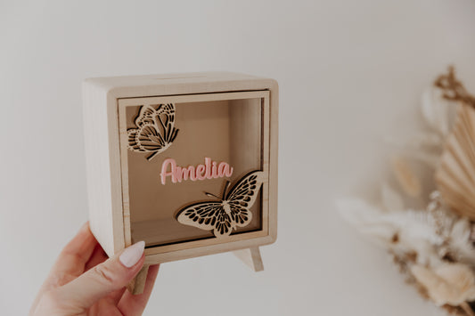 Kids money box piggy bank butterfly, savings box, personalised custom wooden money box with name, piggy bank for girls