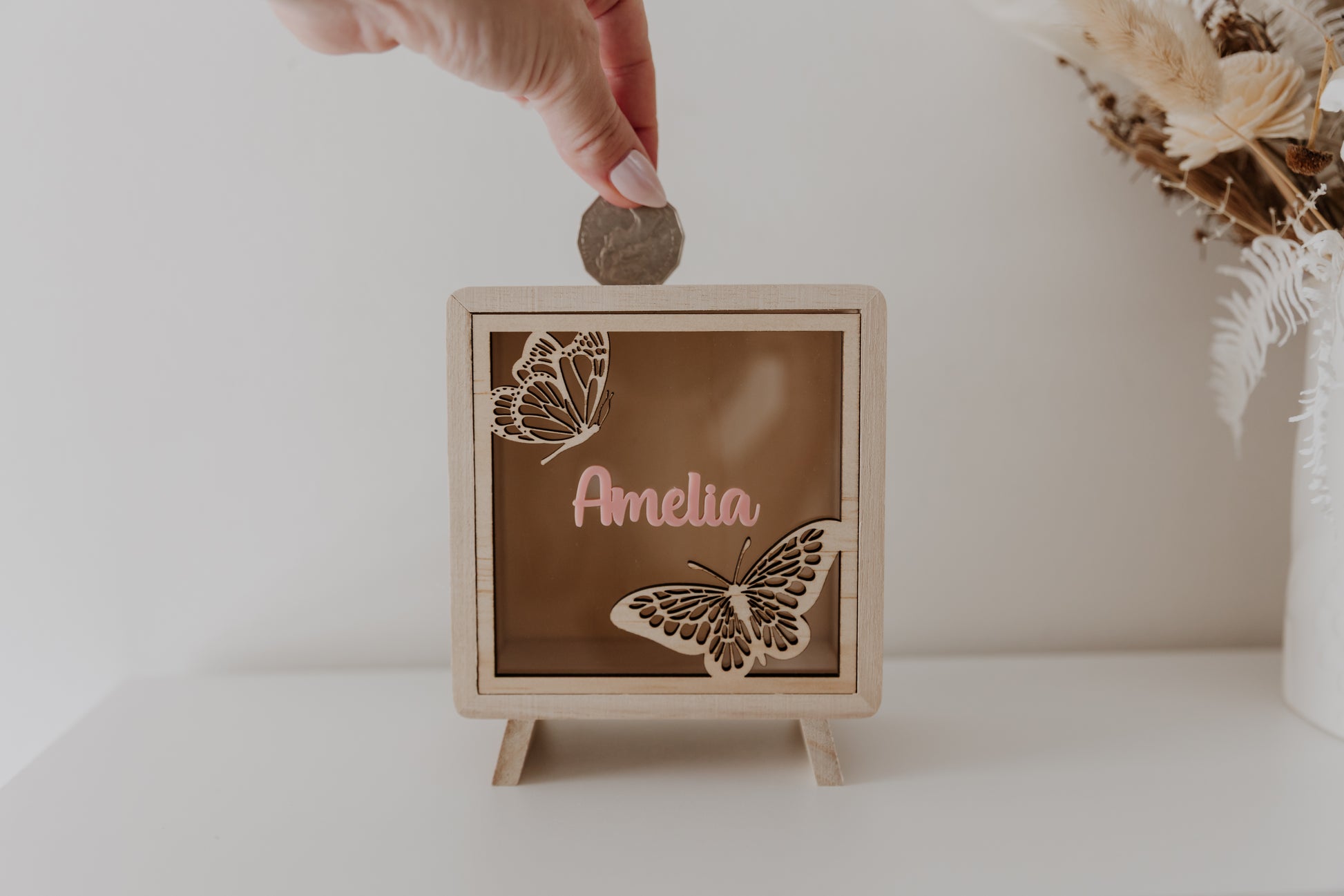 Kids money box piggy bank butterfly, savings box, personalised custom wooden money box with name, piggy bank for girls