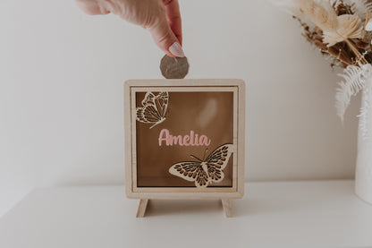Kids money box piggy bank butterfly, savings box, personalised custom wooden money box with name, piggy bank for girls