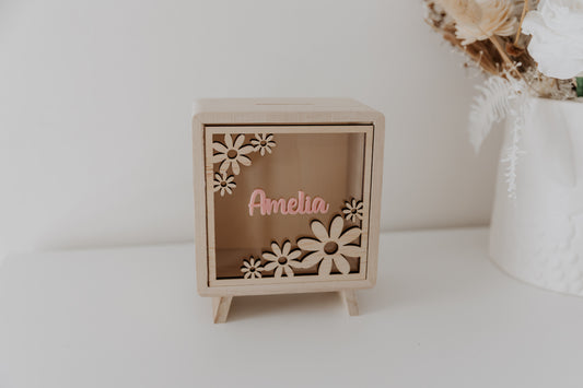 Kids moneybox piggy bank daisy, savings box, personalised custom wooden money box, piggy bank for girls