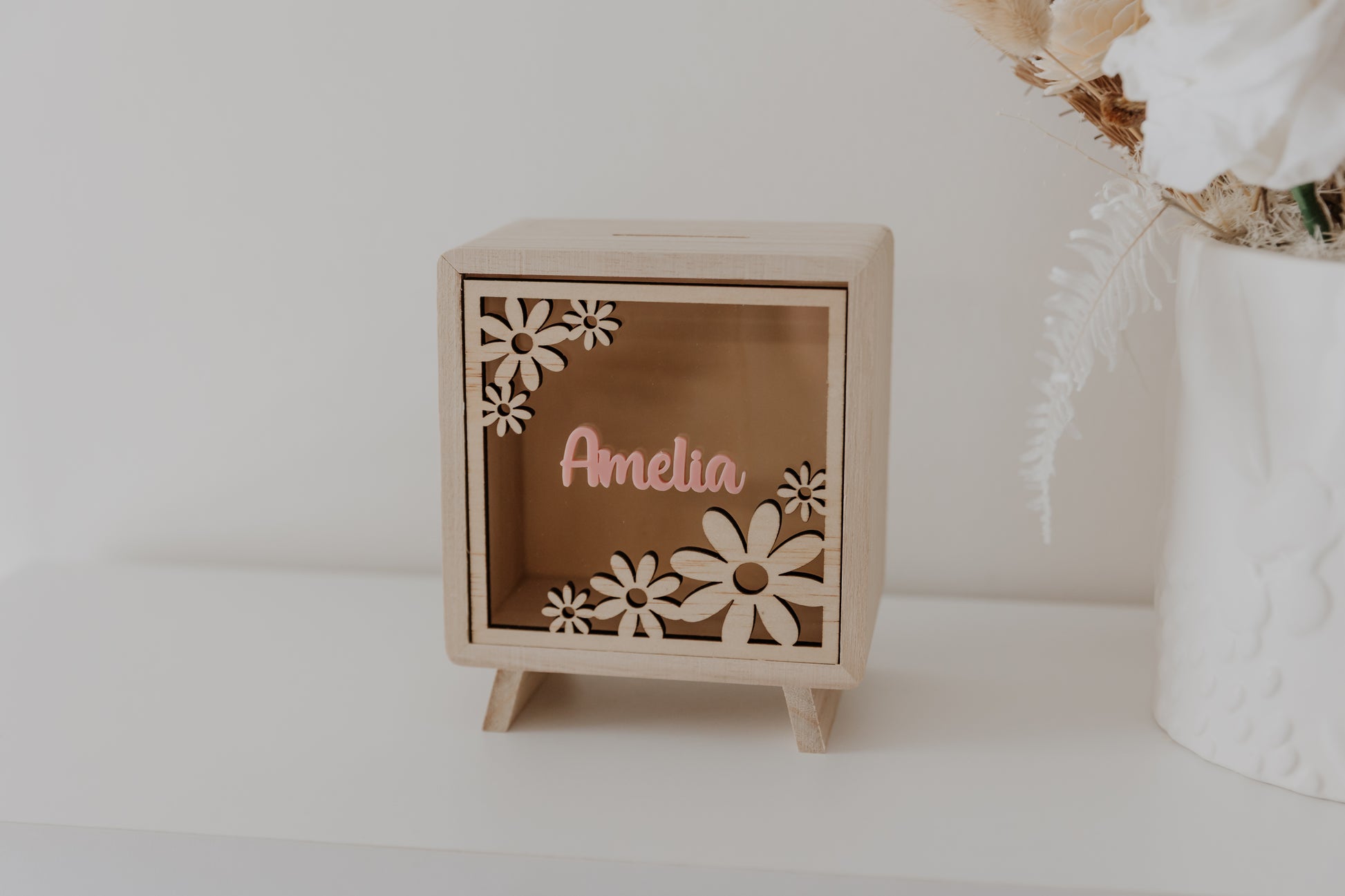 Kids moneybox piggy bank daisy, savings box, personalised custom wooden money box, piggy bank for girls