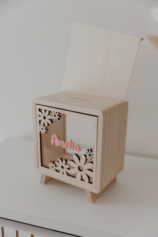 SECONDS/IMPERFECT - Money Box Piggy Bank Daisy Front Face wood - personalised