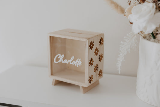 Kids money box piggy bank engraved daisy design on sides of box, savings box, personalised custom wooden money box with name, piggy bank for girls