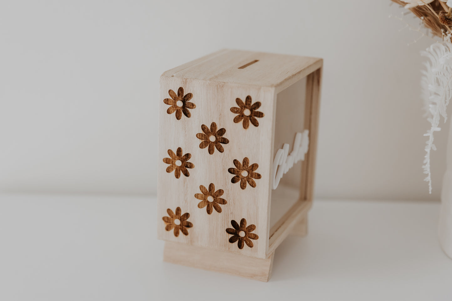 Kids money box piggy bank engraved daisy design on sides of box, savings box, personalised custom wooden money box with name, piggy bank for girls