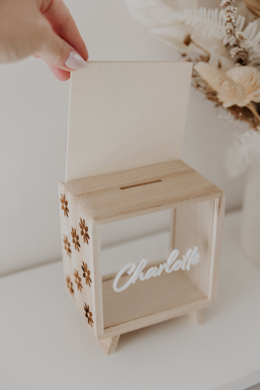 Kids money box piggy bank engraved daisy design on sides of box, savings box, personalised custom wooden money box with name, piggy bank for girls