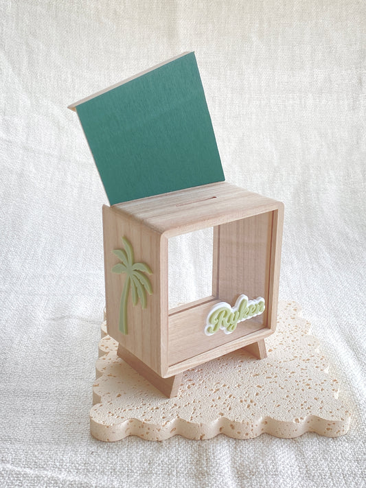 Money Box piggy Bank for kids Palm tree, Kids savings box, childrens personalised wooden money box