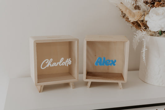 Wooden money box piggy bank personalised, kids money box with name, travel fund money box