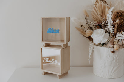 Wooden money box piggy bank personalised, kids money box with name, travel fund money box