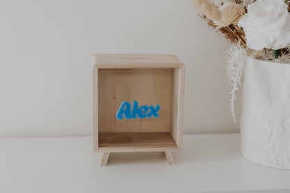 Wooden money box piggy bank personalised, kids money box with block  font name, travel fund money box
