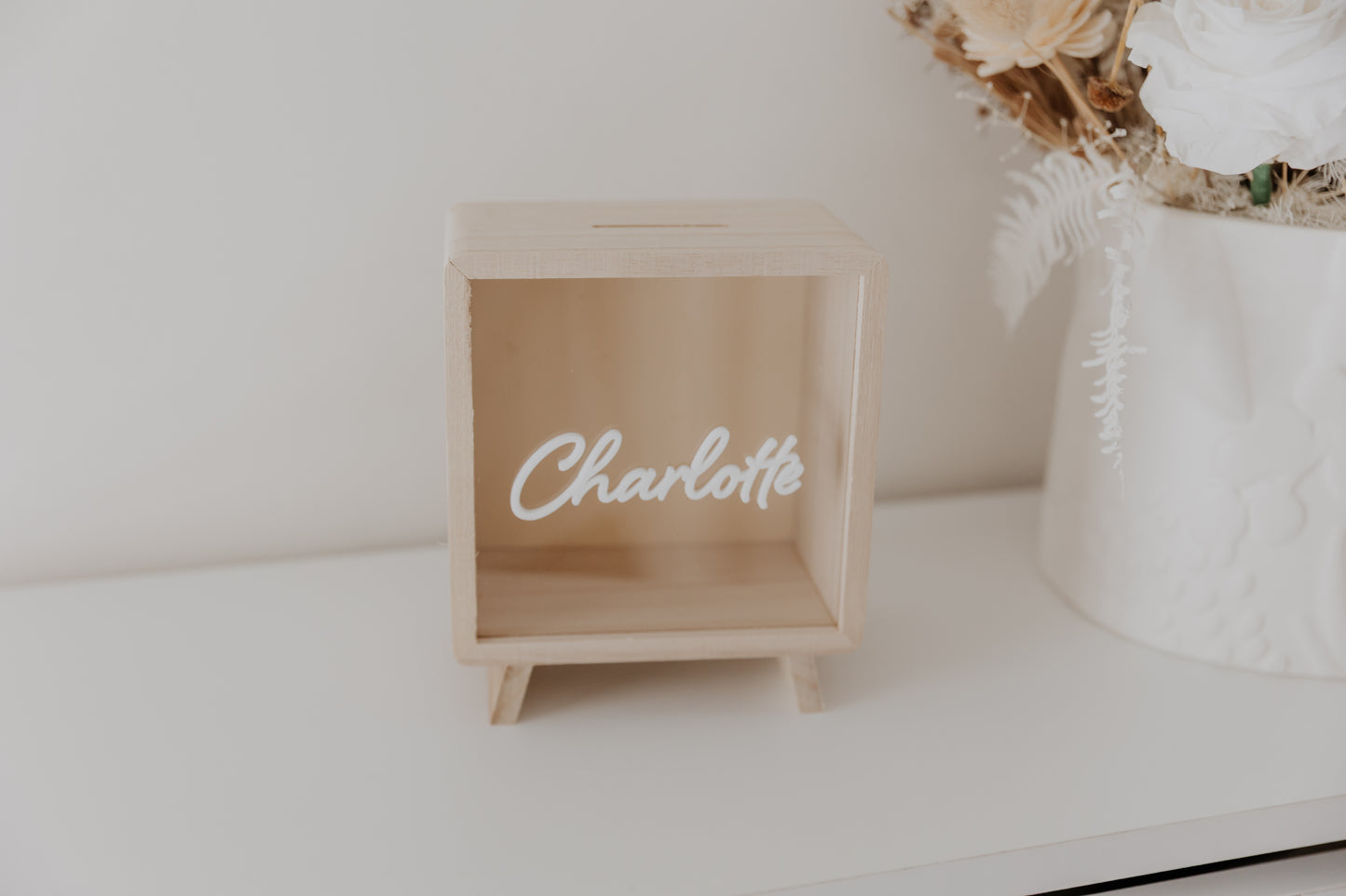 Wooden money box piggy bank personalised, kids money box with cursive font name, travel fund money box