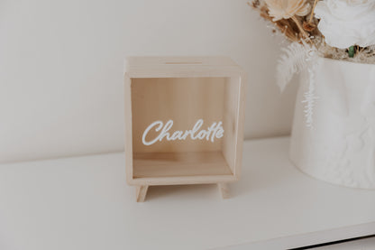 Wooden money box piggy bank personalised, kids money box with cursive font name, travel fund money box