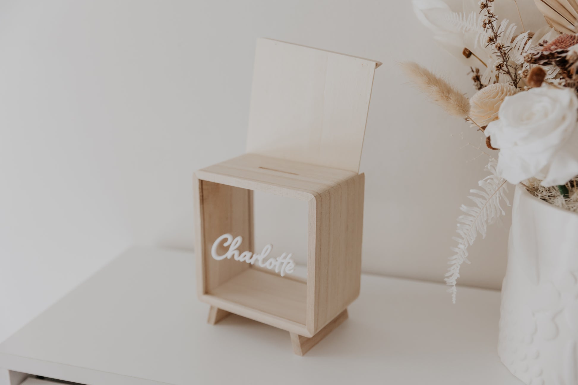 Wooden money box piggy bank personalised, kids money box with cursive font name, travel fund money box