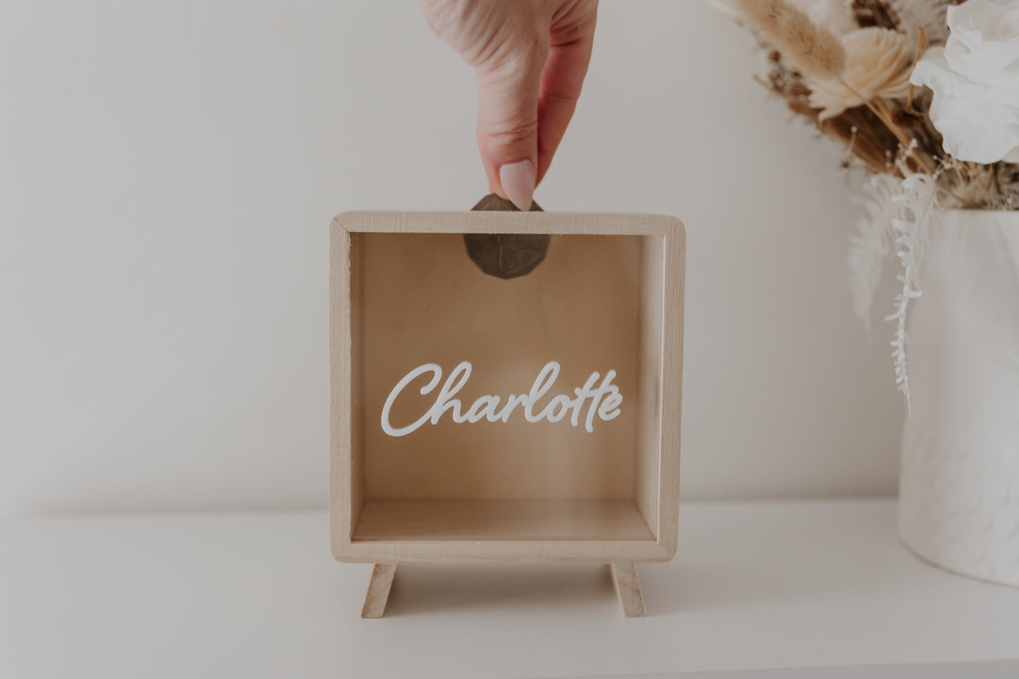 Wooden money box piggy bank personalised, kids money box with cursive font name, travel fund money box