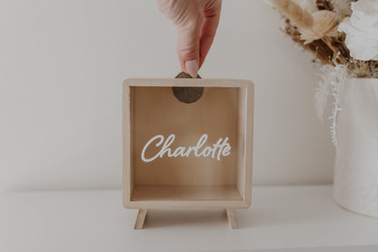 Wooden money box piggy bank personalised, kids money box with cursive font name, travel fund money box