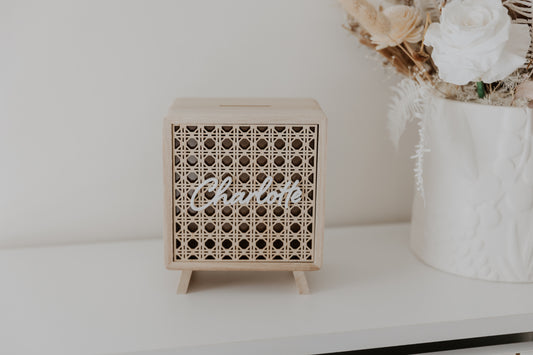Wooden money box piggy bank boho style rattan front, kids money box with name