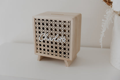Wooden money box piggy bank boho style rattan front, kids money box with name, travel fund money box