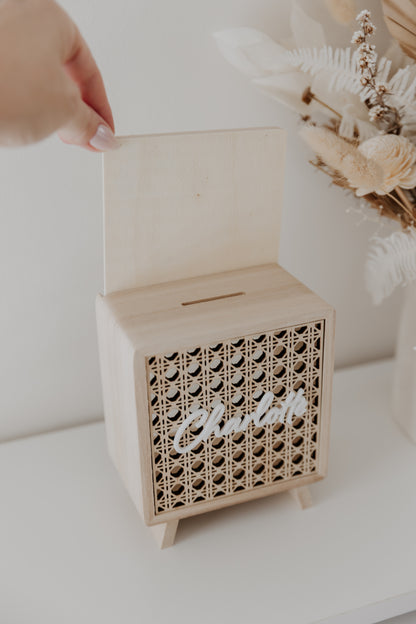 Wooden money box piggy bank boho style rattan front, kids money box with name, travel fund money box