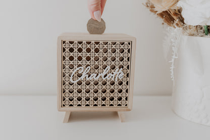 Wooden money box piggy bank boho style rattan front, kids money box with name, travel fund money box