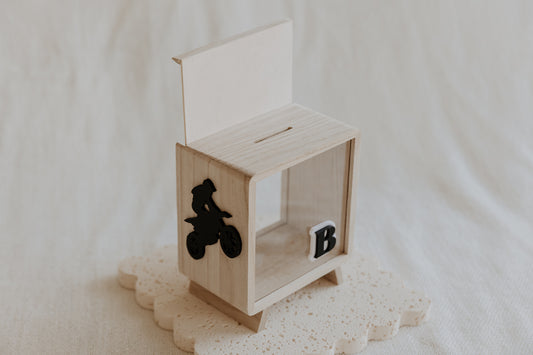 Wooden money box piggy bank motorbike dirt bike, savings box personalised, gifts for boys
