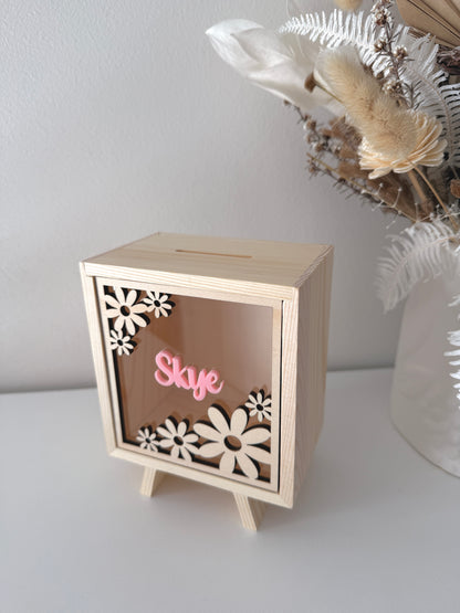 Money Box Piggy Bank Daisy Front Face wood - personalised
