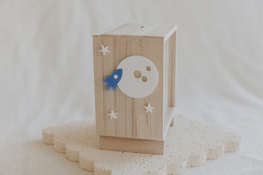 Moon Rocket Money box personalised piggy bank with stars, moneybox for boys, wooden custom kids money box