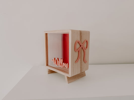 Wooden Money box for girls with pink ribbon bow personalised with childs name 
