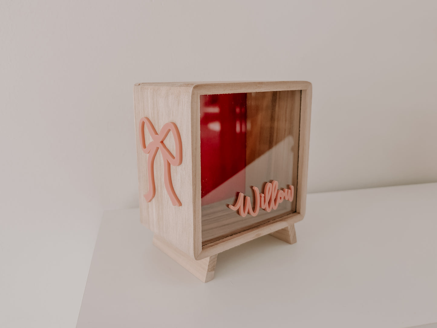 Wooden Money box for girls with pink ribbon bow personalised with childs name 