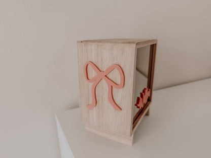 Wooden Money box for girls with pink ribbon bow personalised with childs name 