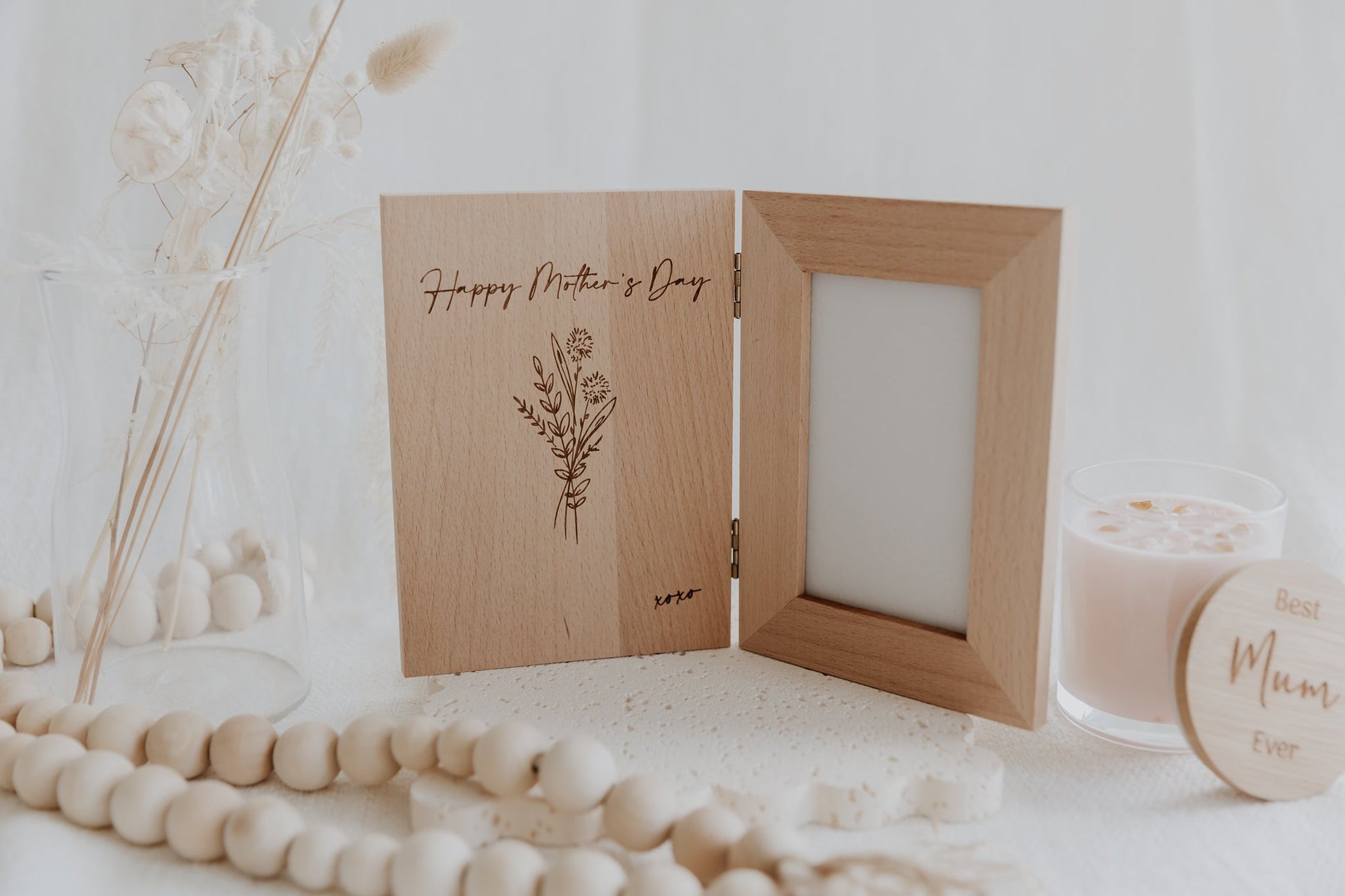 Happy Mother’s Day folding book style photo frame engraved personalised flowers