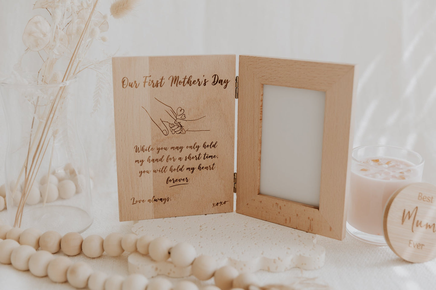 Our first Mother’s Day folding book style photo frame engraved personalised holding hands