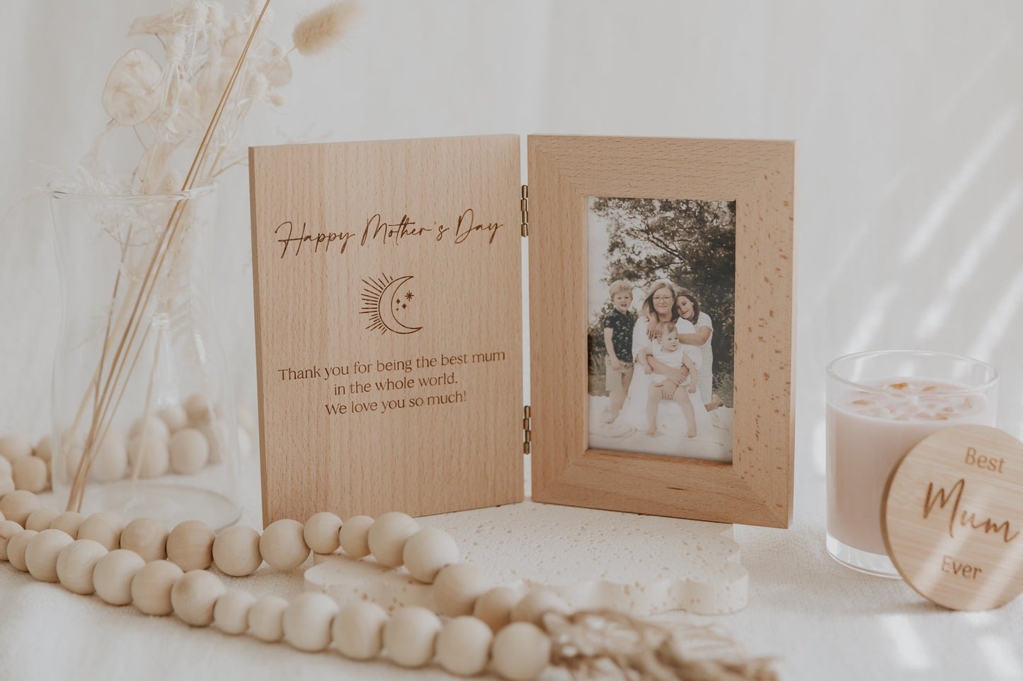Happy Mother’s Day folding book style photo frame engraved personalised birch moon and stars