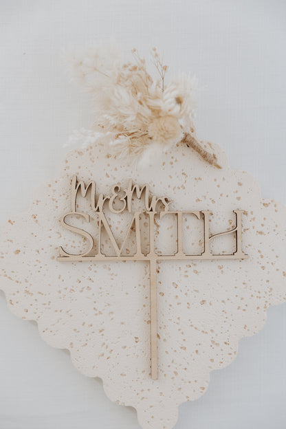 Mr & Mrs personalised surname wedding cake topper wood pine