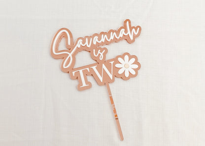 Second birthday Daisy Cake Topper, personalised with name TWO daisy cake topper for kids birthday cake, acrylic cake topper