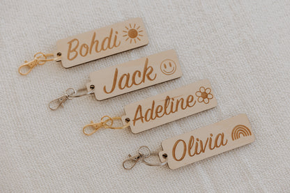 Personalised wooden engraved name tag keyring