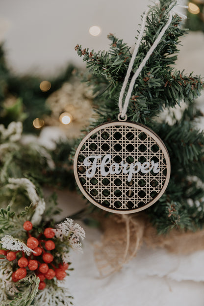 Rattan Look wooden christmas bauble with acrylic name