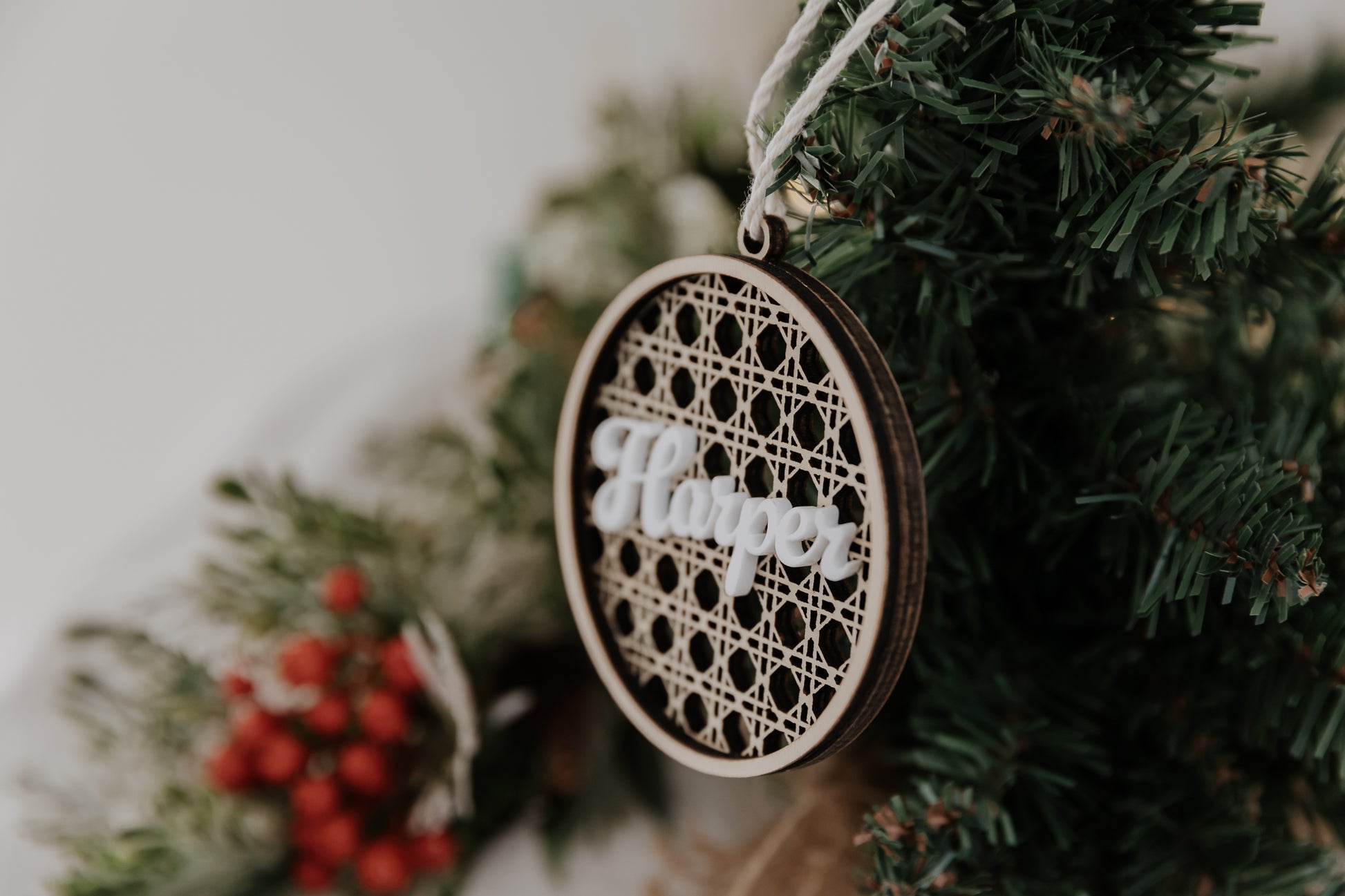 Personalised Rattan Look wooden christmas bauble