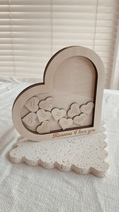 Reasons I love you wooden heart shape box engraved personalised jar