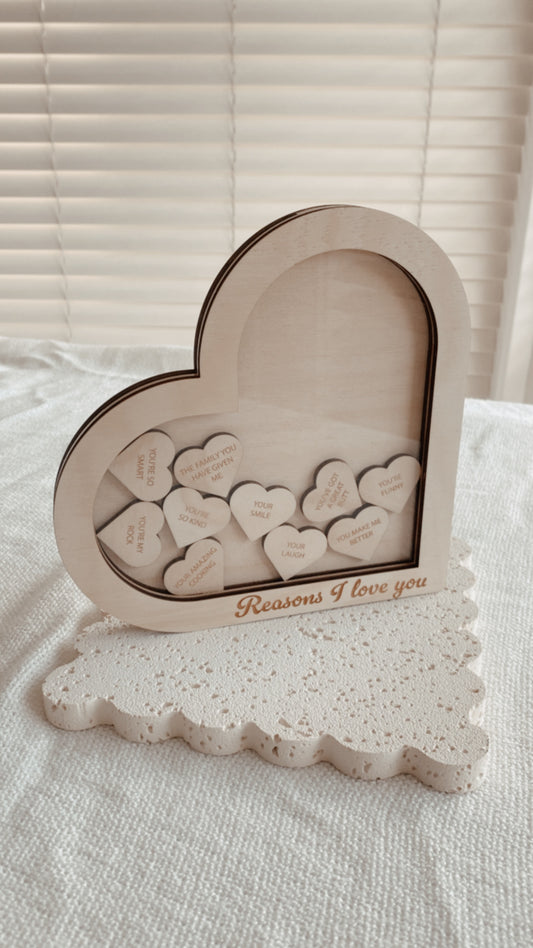 Reasons I love you wooden heart shape box engraved personalised jar