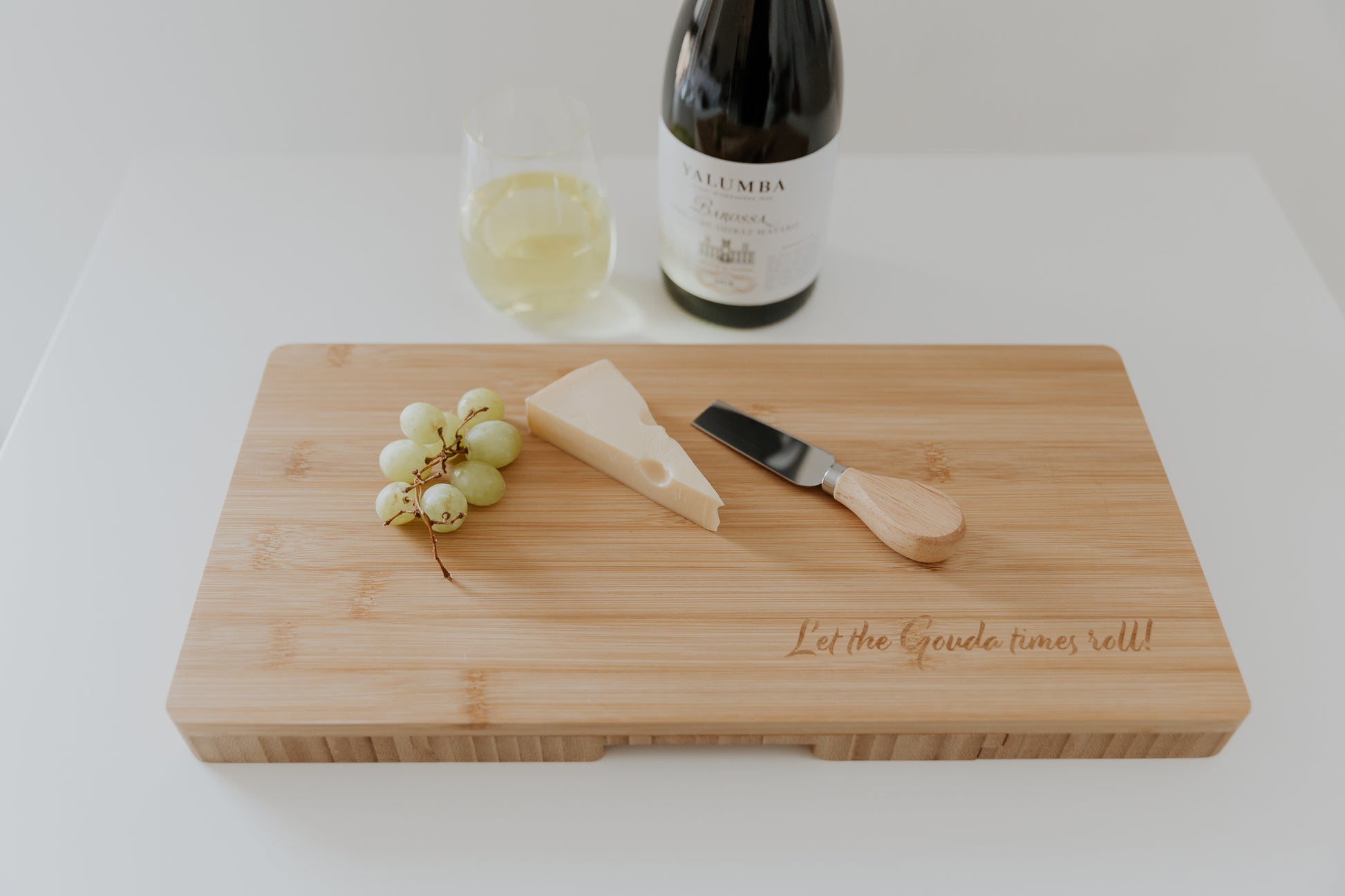 Bamboo rectangle cheese board let the gouda times roll engraved