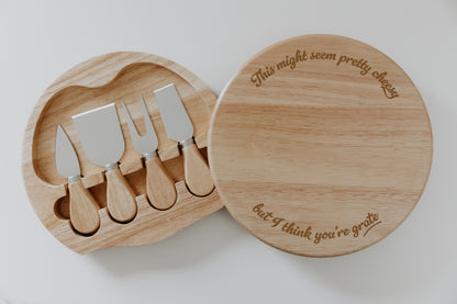 Cheesy Puns Engraved Round Cheese Board - 3 design options