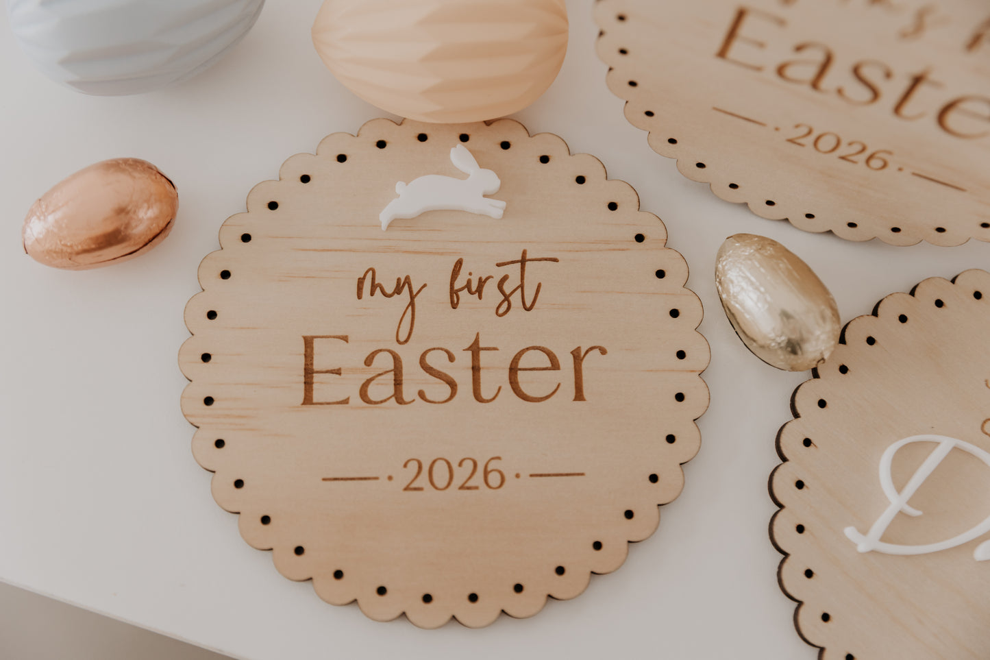 My First Easter Round Scalloped Edge Wooden Plaque