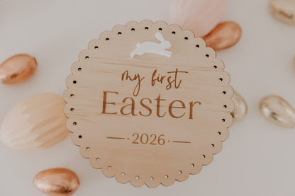 My First Easter Round Scalloped Edge Wooden Plaque