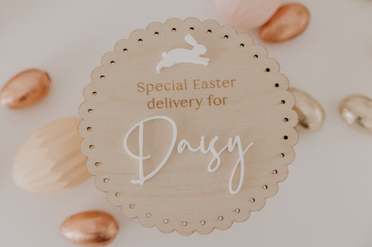 Special Easter Delivery Round Scalloped Edge Wooden Plaque