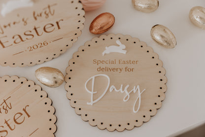 Special Easter Delivery Round Scalloped Edge Wooden Plaque