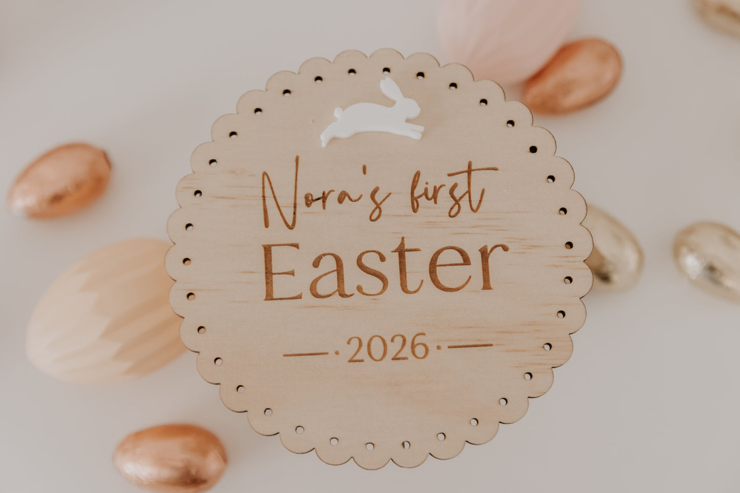 First Easter Personalised Round Scalloped Edge Wooden Plaque