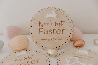 First Easter Personalised Round Scalloped Edge Wooden Plaque