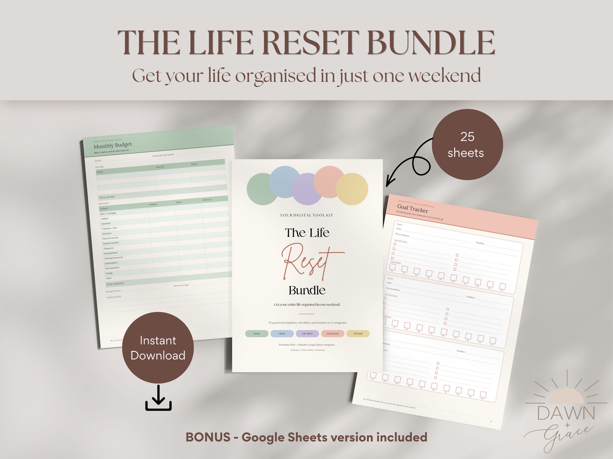 Digital product listing graphic for 'The Life Reset Bundle' by Dawn Grace, showing three Google Sheets templates: a 'Summary Budget', the main cover sheet, and a 'Life Reset' tracker. The graphic includes text overlays indicating '25 sheets' and 'Instant Download' on a soft gray background.